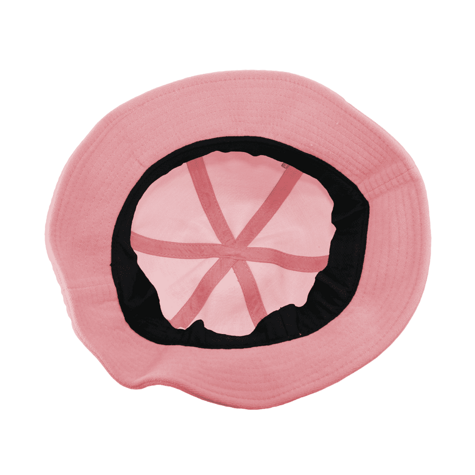 A pink bucket hat with a black interior and adjustable straps. It features a logo on the side.