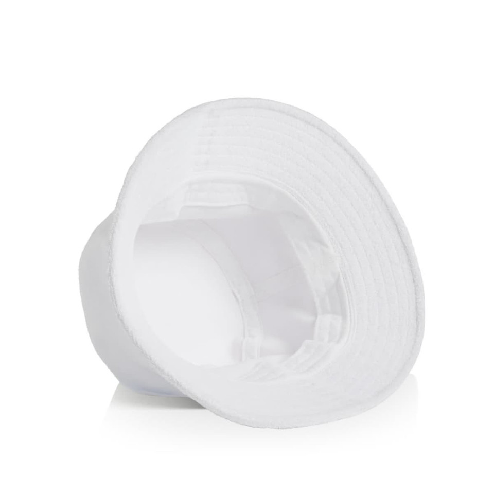 A white Terry Bucket Hat with a soft, textured interior and a wide brim. Features a logo on the exterior.