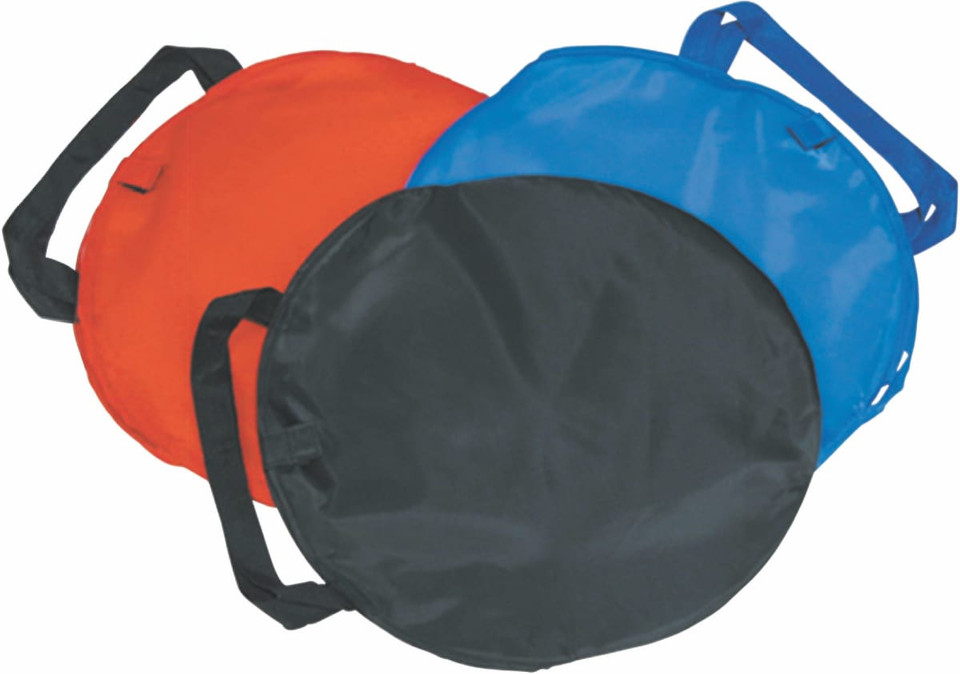 Three round sunshades in red, blue, and black, each with a handle. The sunshades have a simple design and a logo.