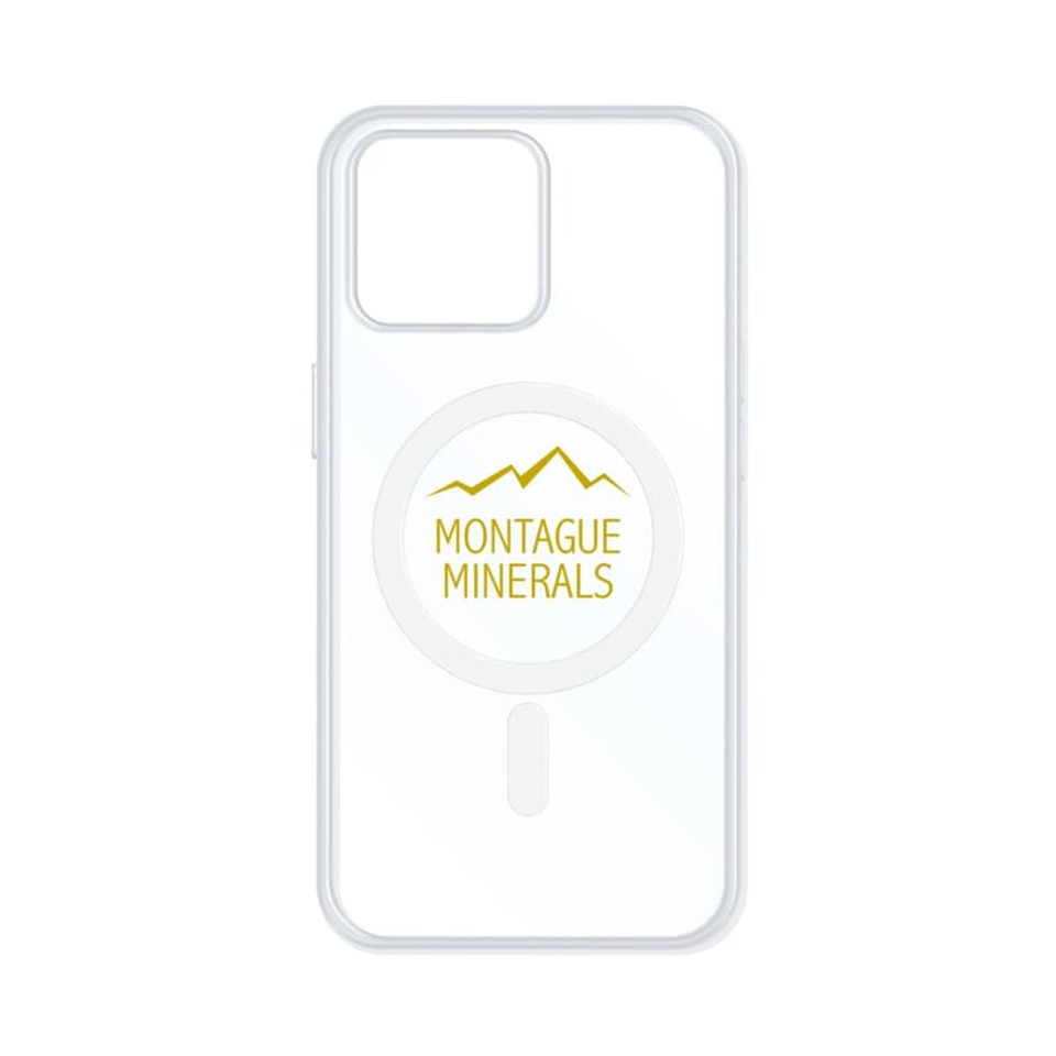 A clear phone case featuring a circular MagSafe attachment and a logo, suitable for iPhone models.