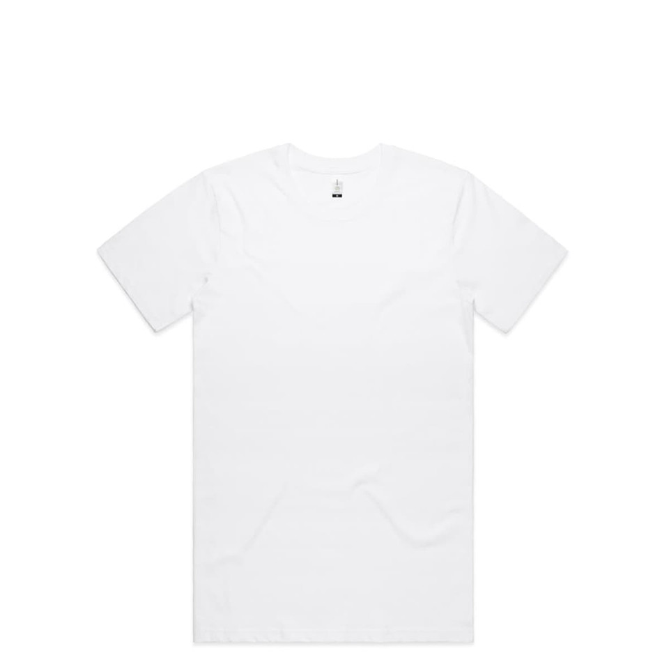 A white organic t-shirt displayed flat, featuring a round neckline and short sleeves. The shirt has a branded label.