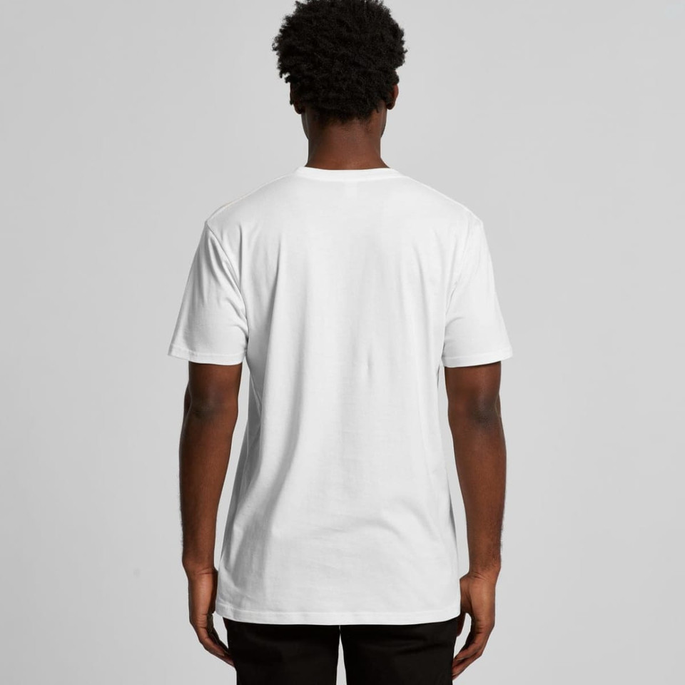 A white organic t-shirt is displayed from the back, featuring a simple design and a logo.