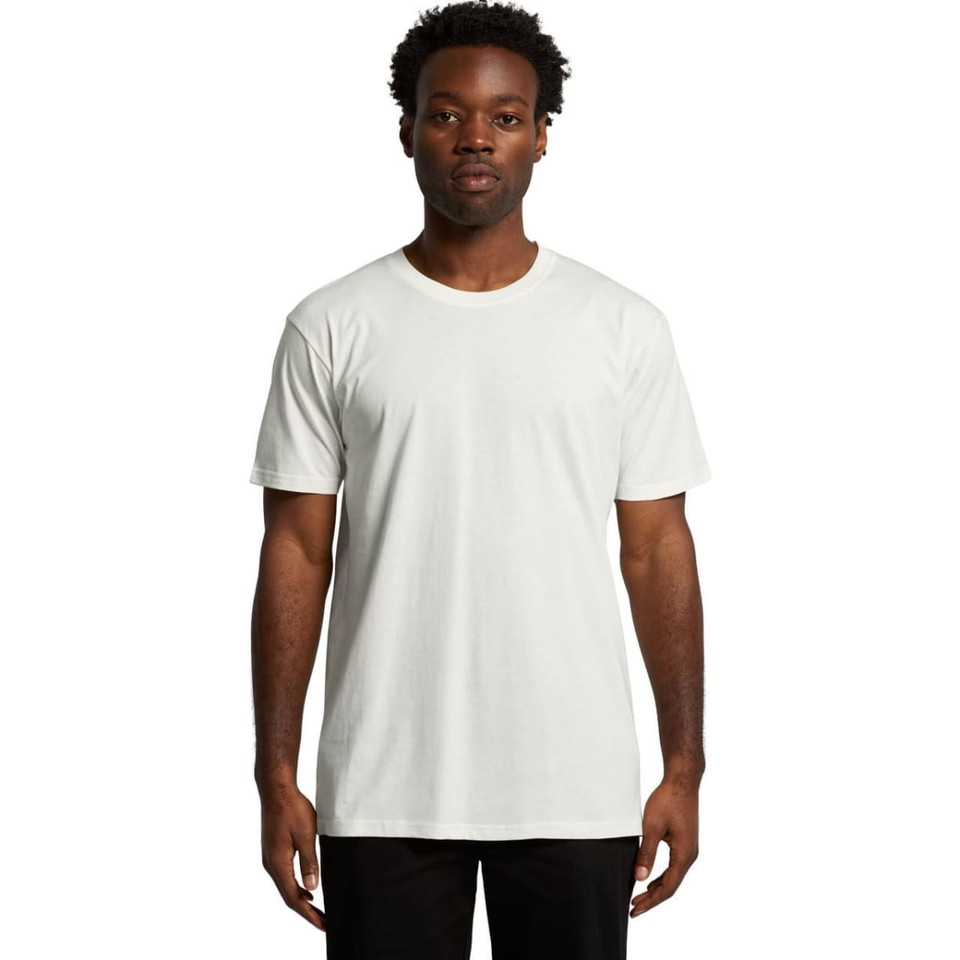 A plain white organic t-shirt displayed on a male model. The shirt features a logo on the front.