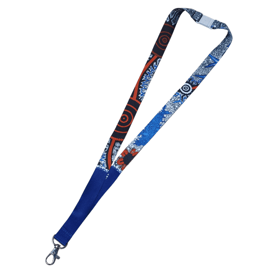 Wheat straw safety clip lanyard featuring a vibrant blue and red design with a metal clip.