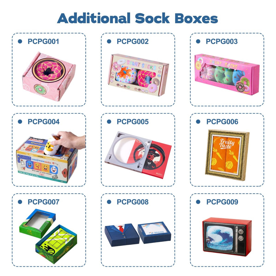 A collection of various decorative sock boxes in different colours and designs, each showcasing unique patterns and styles.