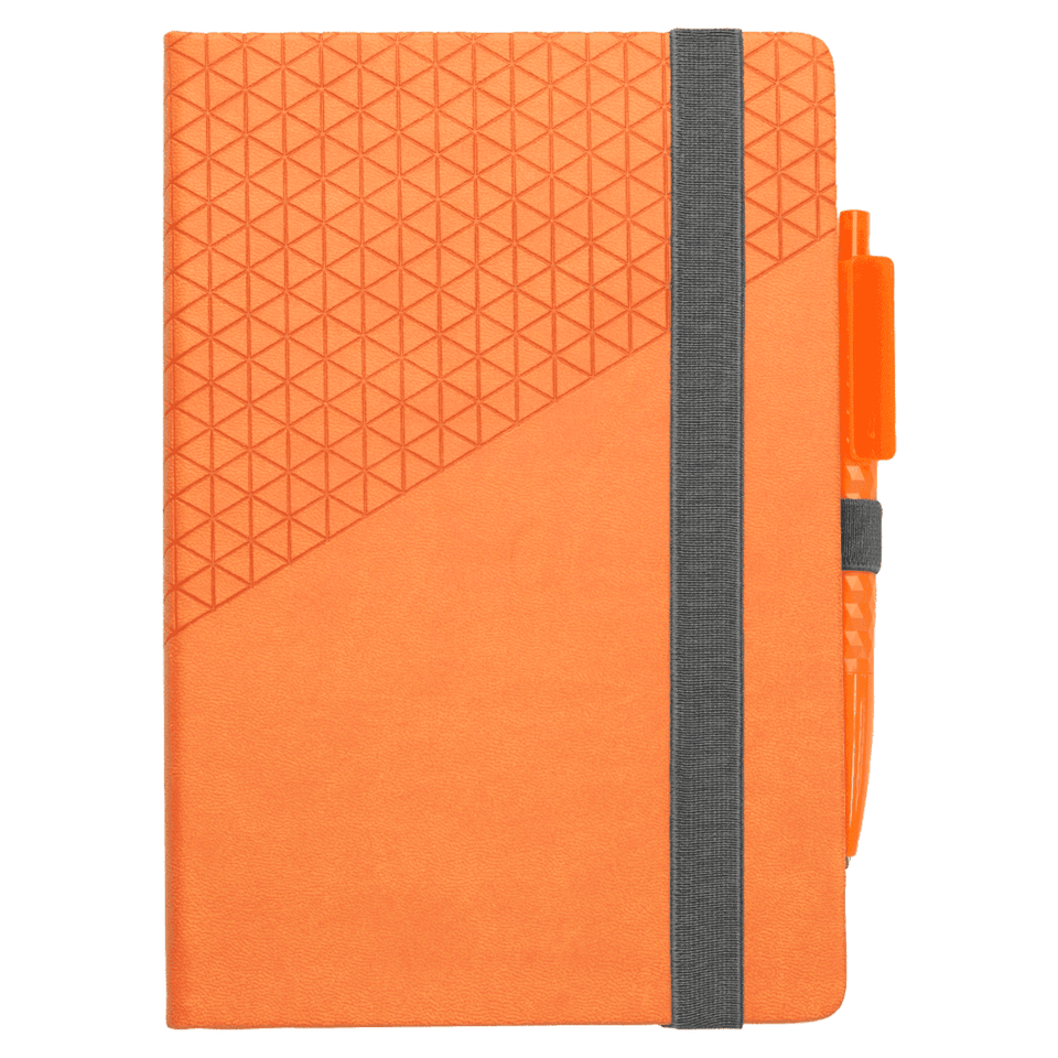 An orange notebook with a textured geometric design and a matching pen attached by an elastic band.
