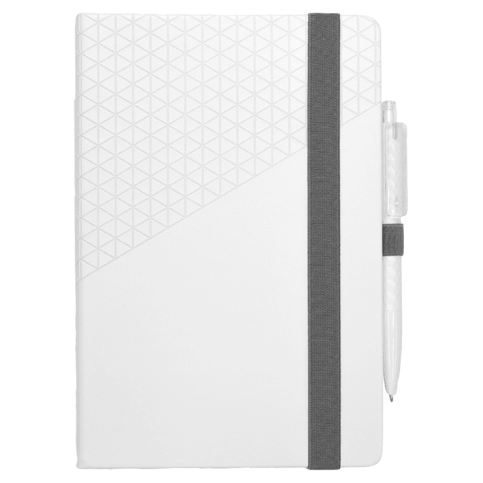 A white notebook with a geometric design and a grey elastic band, accompanied by a matching pen.