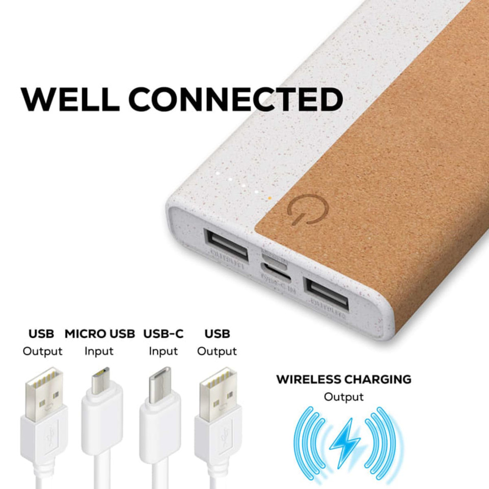 A wireless eco power bank with a speckled white body and a cork accent, featuring USB and USB-C ports.