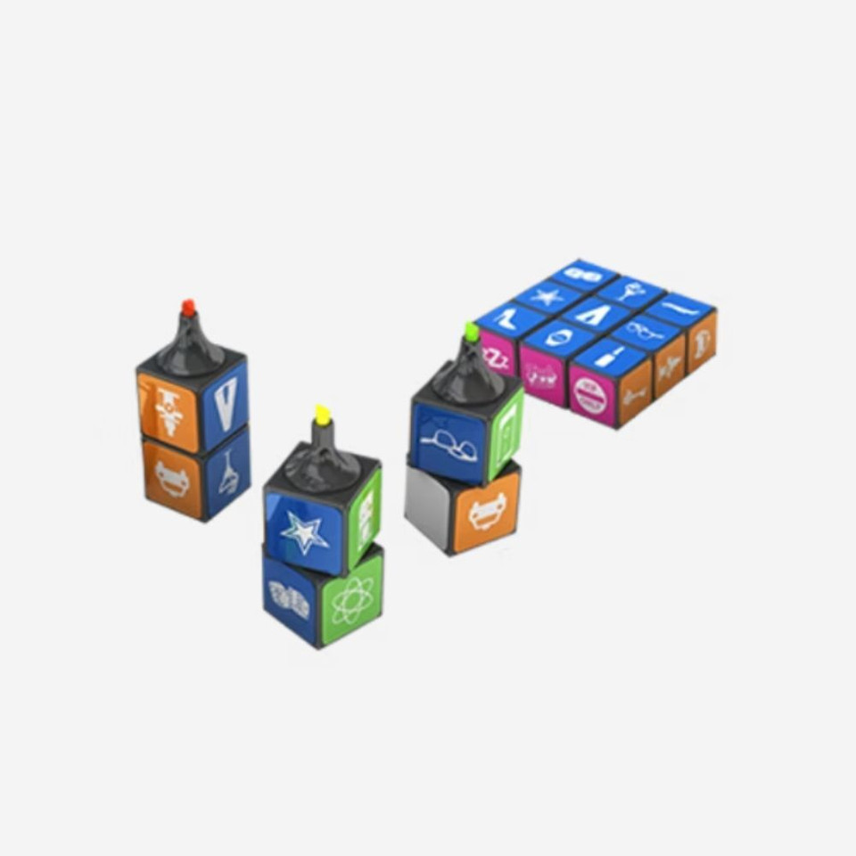 Colorful educational stacking blocks with icons for kids' learning and play.
