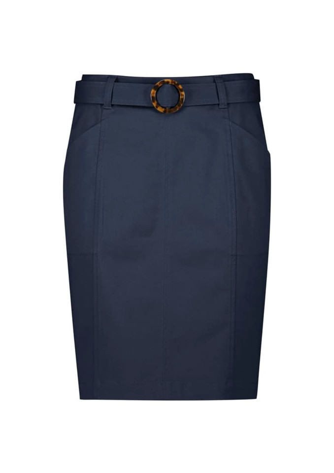 A mid-waist stretch chino skirt in navy blue with a belt featuring a circular buckle.
