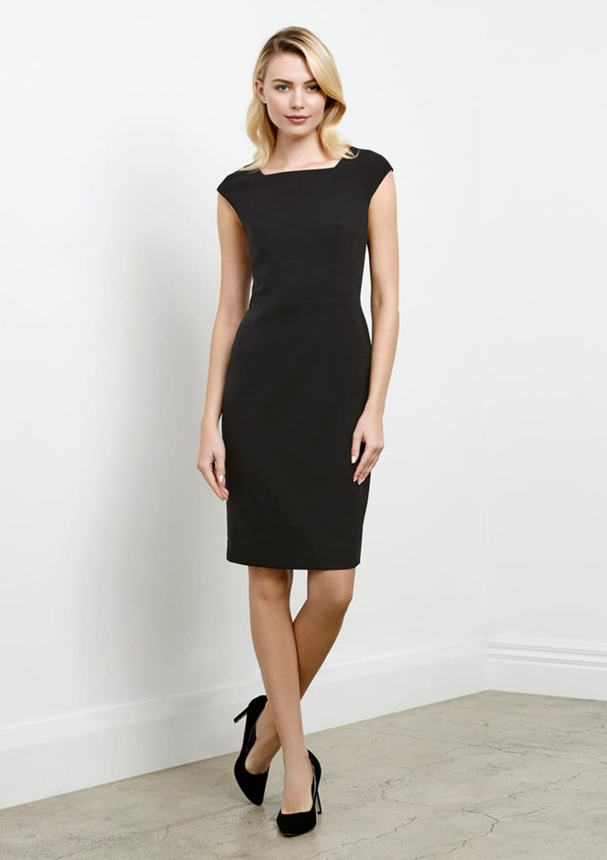 A fitted black dress with cap sleeves and a knee-length hem, displayed on a model against a plain background.