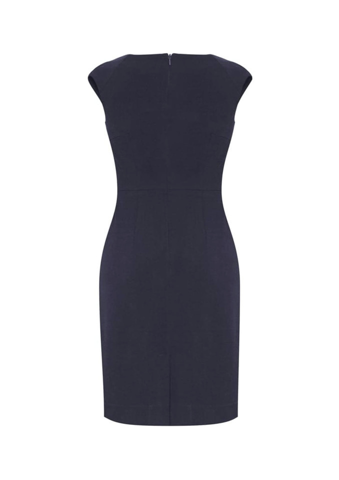 A navy blue women's dress with a fitted silhouette and cap sleeves, featuring a zip closure at the back.