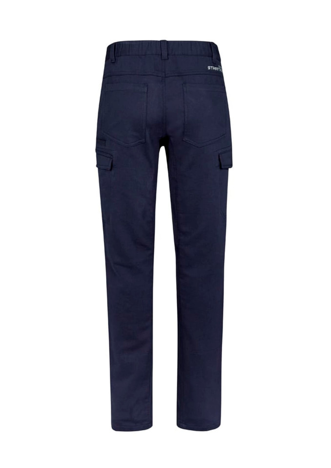 Navy work pants featuring a back view, with cargo pockets and an elastic waistband. Includes a logo on the rear.