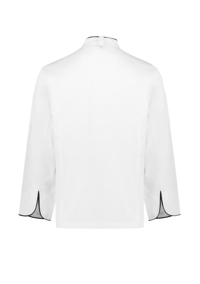 A white long sleeve chef jacket with black detailing, featuring a collar and tailored fit. Includes a logo on the sleeve.
