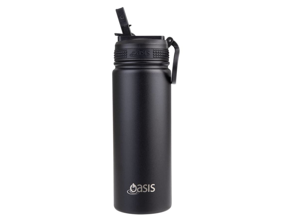 A drink bottle in matte black with a spout and a handle, featuring a logo on the side.