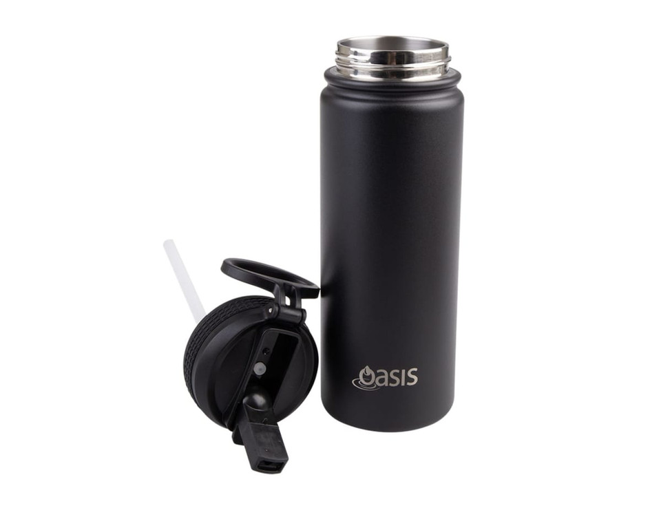 A drink bottle in black with a vacuum-insulated body and a detachable spout lid. Features a logo.