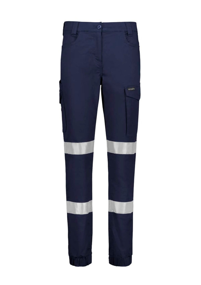 Navy cargo pants with cuffed hems and reflective stripes, featuring pockets and a logo.