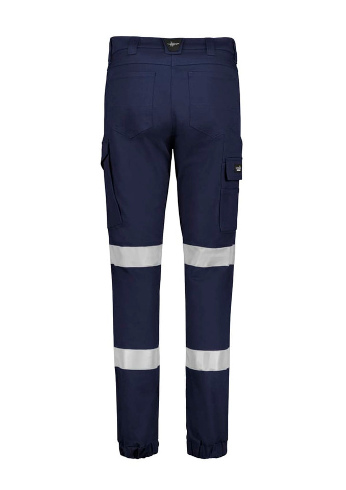 A pair of navy cargo pants with reflective stripes and cuffs, featuring side pockets and a logo tag.
