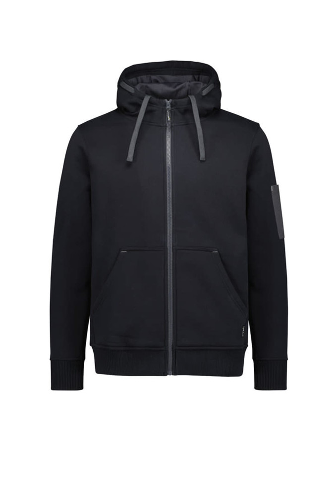 A black unisex zip front hoodie featuring a multi-pocket design and a hood. It includes a logo on the sleeve.