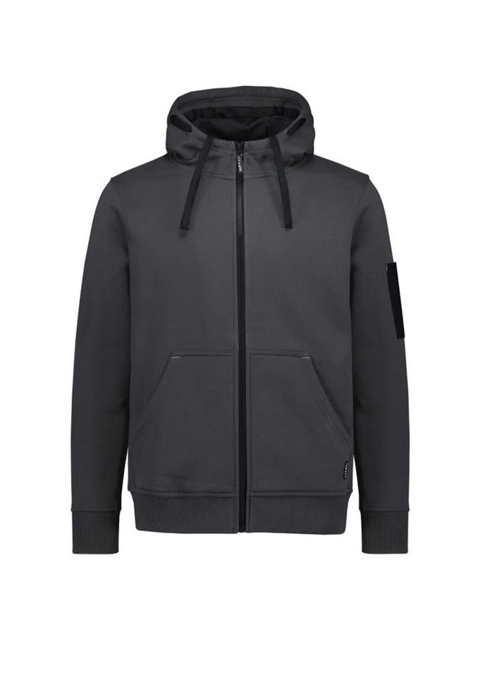 A unisex zip front multi-pocket hoodie in dark grey with a hood and front pockets, featuring a logo on the sleeve.