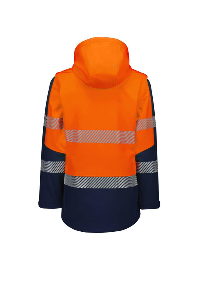 A softshell jacket featuring an orange and navy design with reflective strips and a hood. It has a logo.