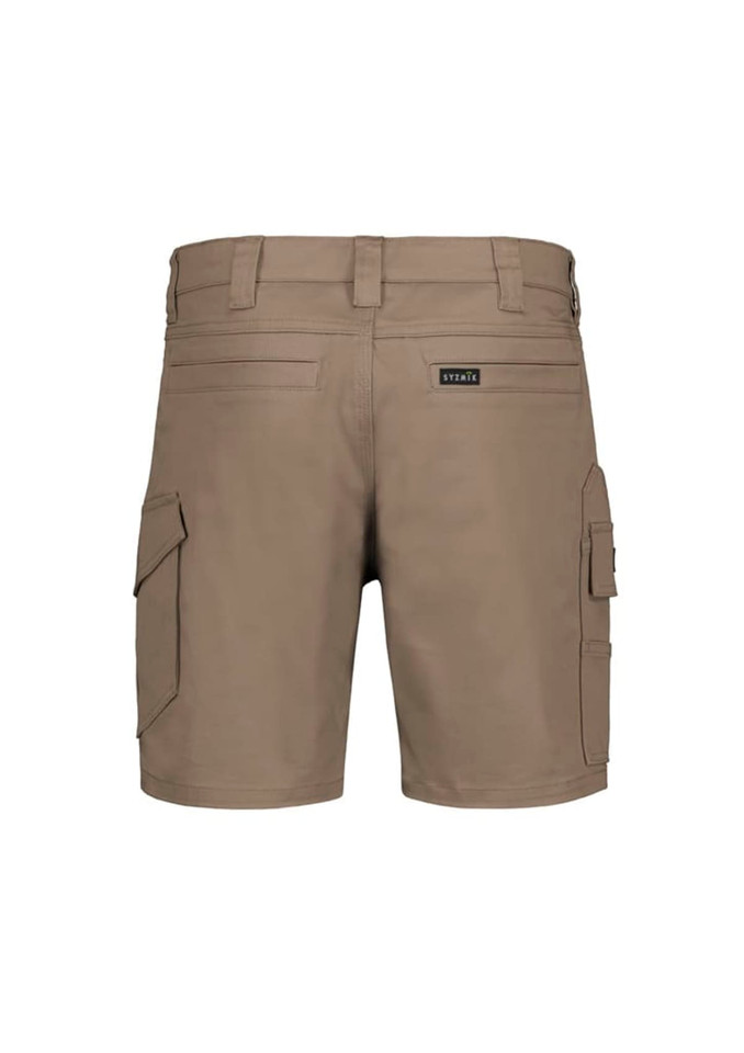 Men's essential stretch cargo shorts in a khaki colour, featuring multiple side pockets and a logo on the waistband.
