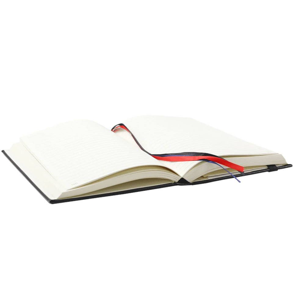 An open black diary with white pages and a red and blue ribbon bookmark.