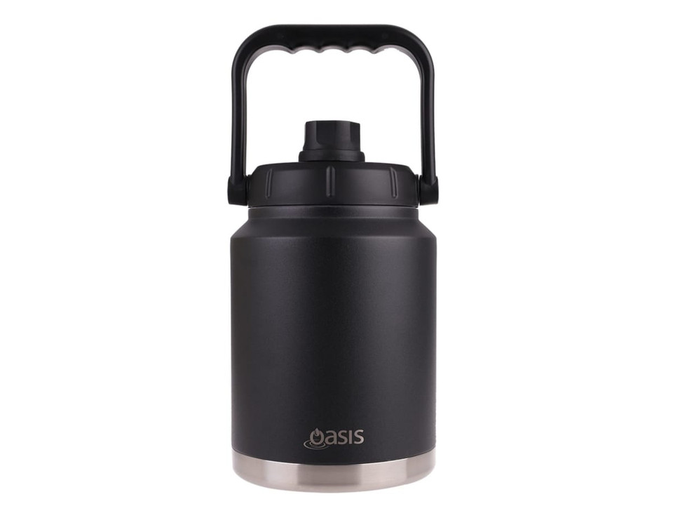 A drink bottle in black with a stainless steel base and a sturdy carry handle on top. It features a branding logo.