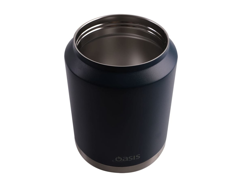 A drink bottle in navy blue with a stainless steel base and a carry handle. It features a logo on the side.