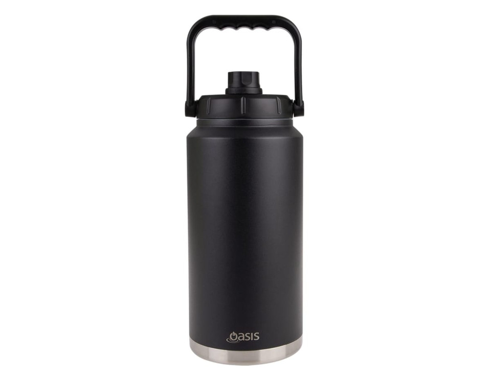A drink bottle with a black exterior and stainless steel base, featuring a carry handle and a black lid.