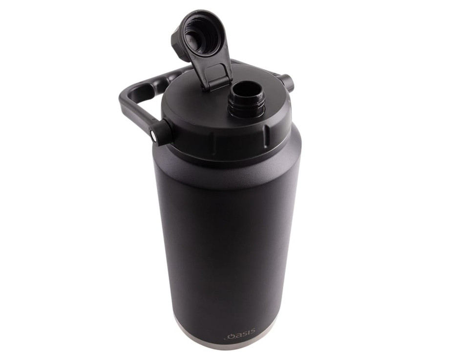 A drink bottle in matte black with a vacuum-insulated design and a carry handle. It features a screw-on lid and spout.