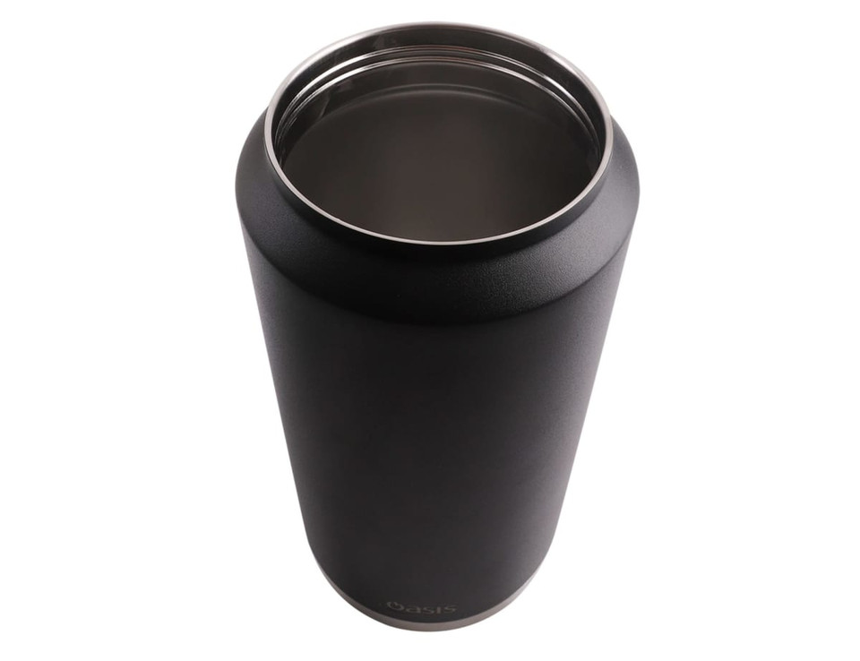 A drink bottle with a sleek black design and stainless steel interior, featuring a carry handle and a logo.