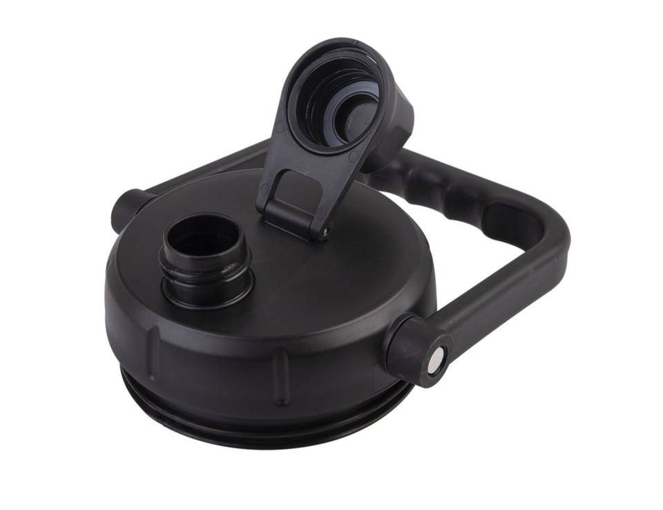 A drink bottle in black with a wide mouth, a carry handle, and a secure lid featuring a logo.
