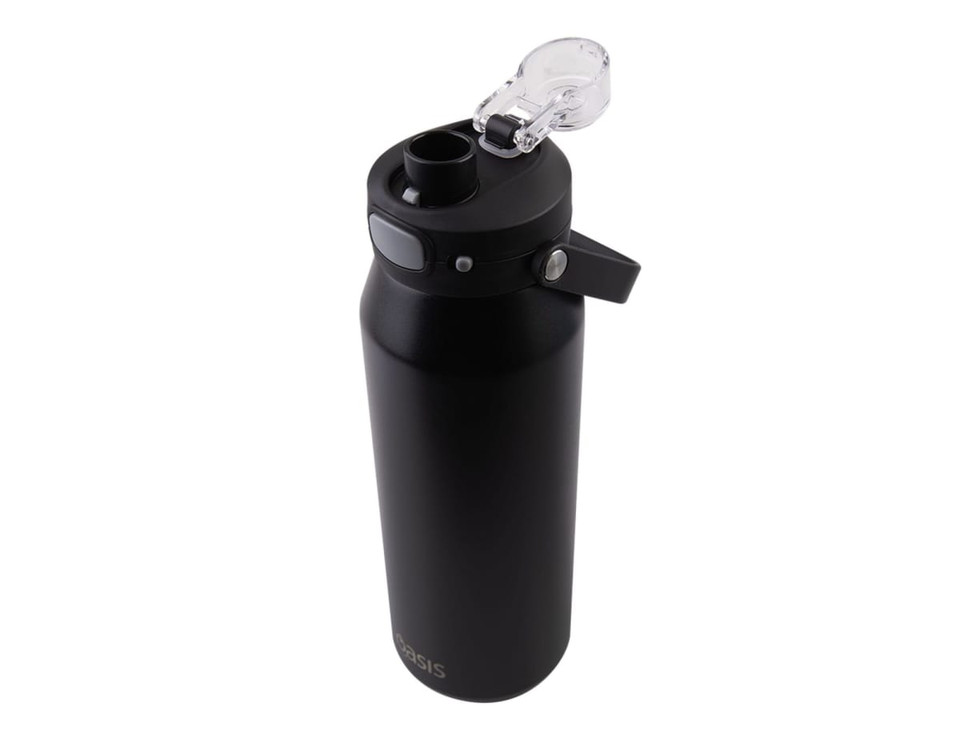 A drink bottle in matte black with a clear quick-release lid and a side handle, featuring a logo.