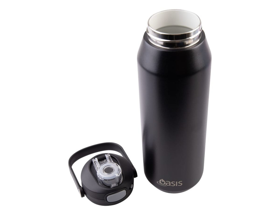 A drink bottle with a sleek black exterior and a quick release lid, featuring a separate lid component.