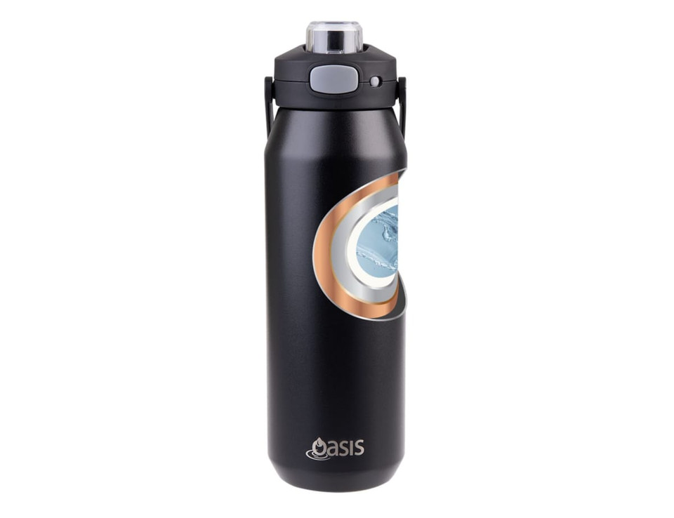 A drink bottle in black with a vacuum quick release lid, featuring a design and an Oasis logo.