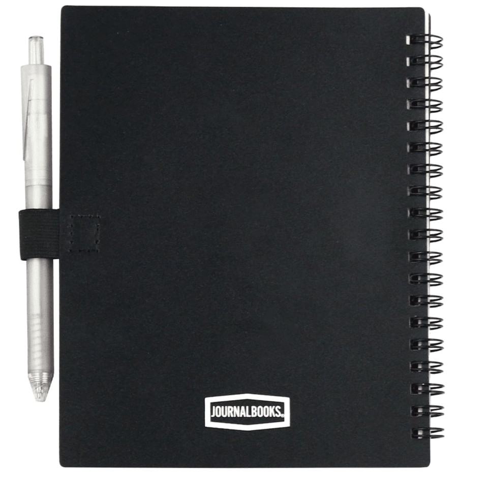 A black recycled PP journal book with a silver pen attached, featuring a spiral binding.