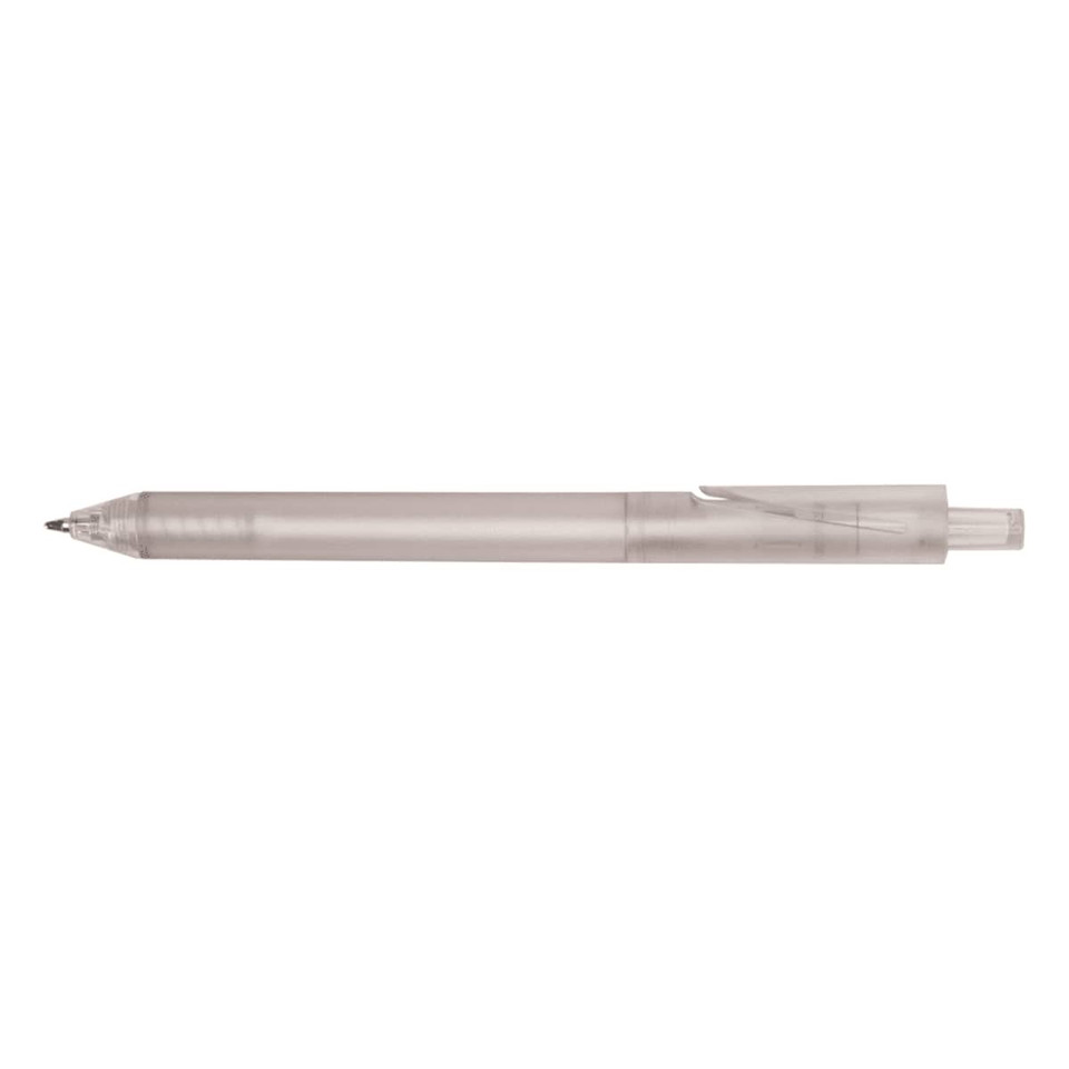 A clear pen with a transparent barrel and black ink. It features a clip and a retractable tip.
