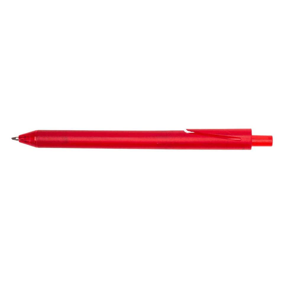 A red pen with a tapered tip and a clip on one side, featuring a smooth finish.