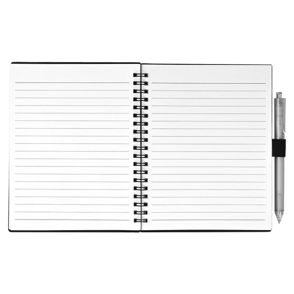 A black recycled PP journal book with lined pages and a silver pen attached to the side.