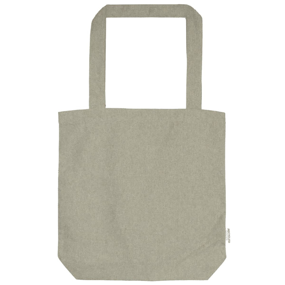 A light grey tote bag with two handles and a simple design, featuring a logo.