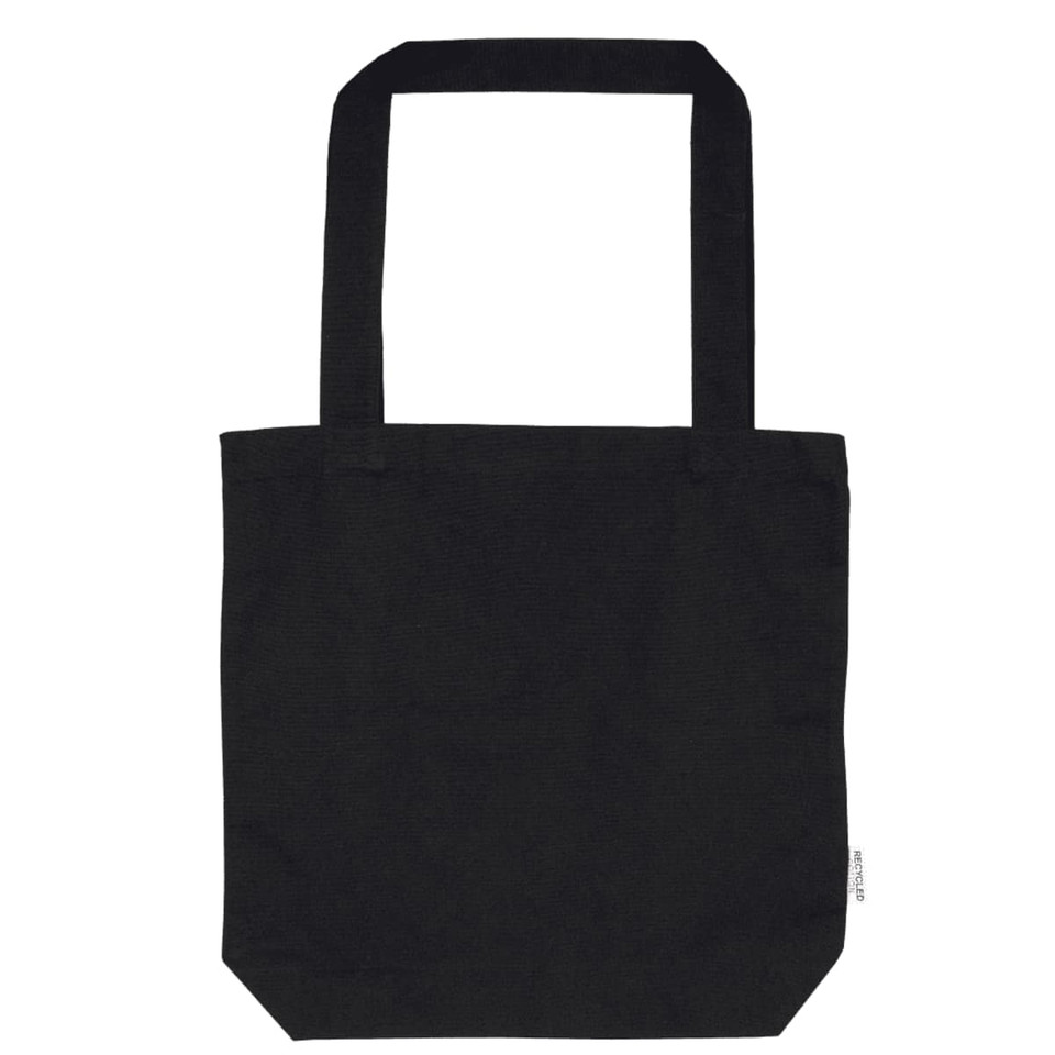 A black tote bag with two handles and a simple design. It features a branding logo on the side.