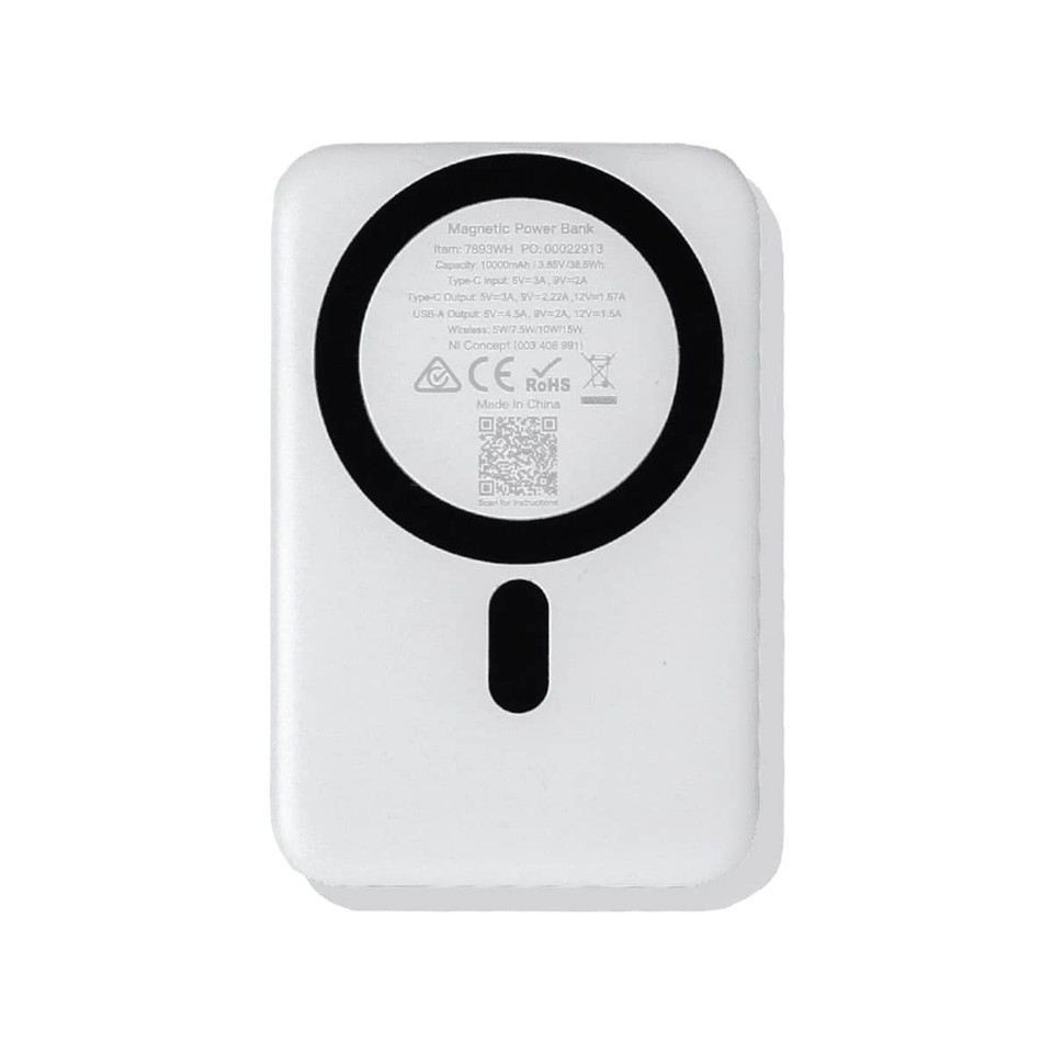A white magnetic power bank with a circular design and a charging port on one side. It has a branding logo.