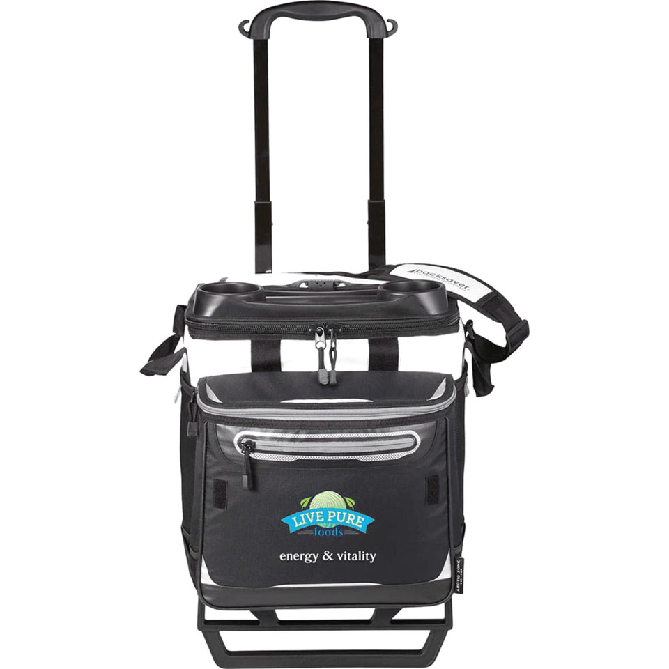 A black and grey rolling cooler with a telescopic handle and a front pocket, featuring a logo.