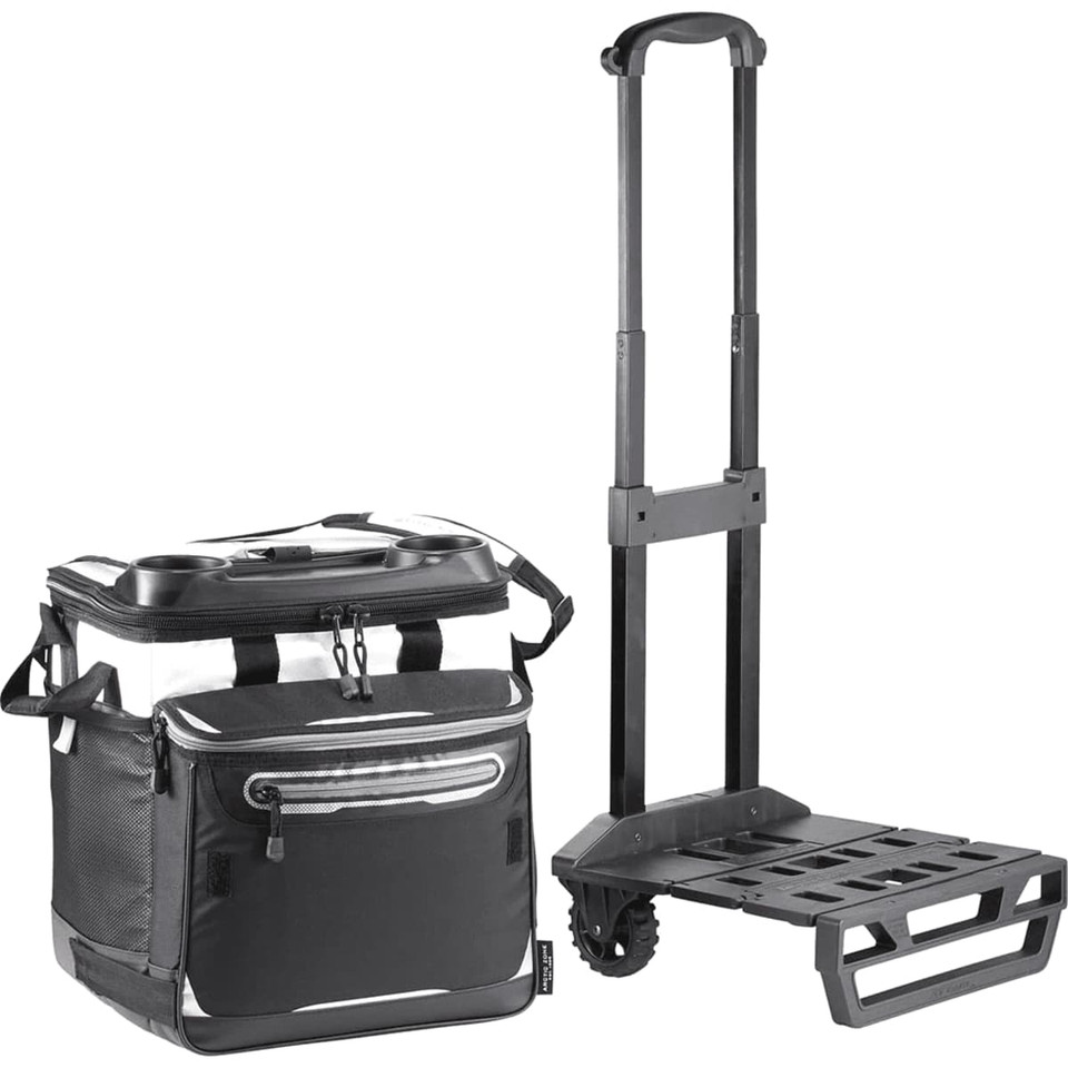 A black rolling cooler with a handle and wheels, featuring a detachable base for easy transport.
