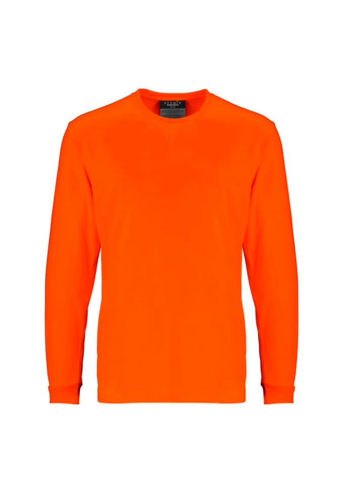 An orange long sleeve tee with a round neck, featuring a logo on the label. Ideal for safety wear.