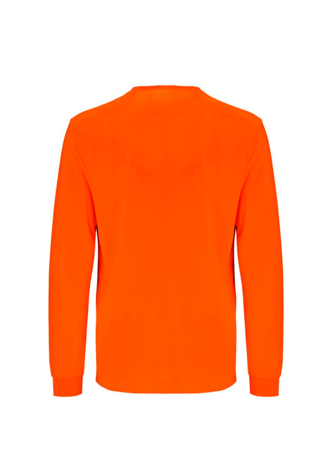 An orange long sleeve safety tee, featuring a simple design and a logo on the back.