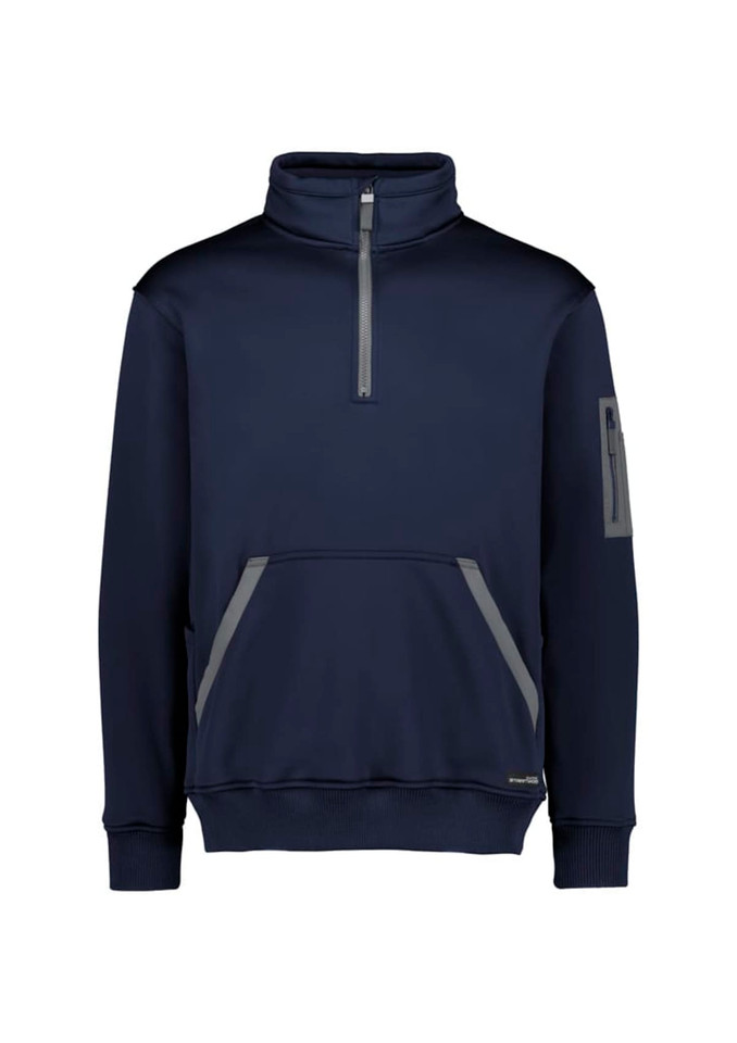 A navy unisex water-resistant 1/4 zip pullover with a front pocket and a logo on the sleeve.