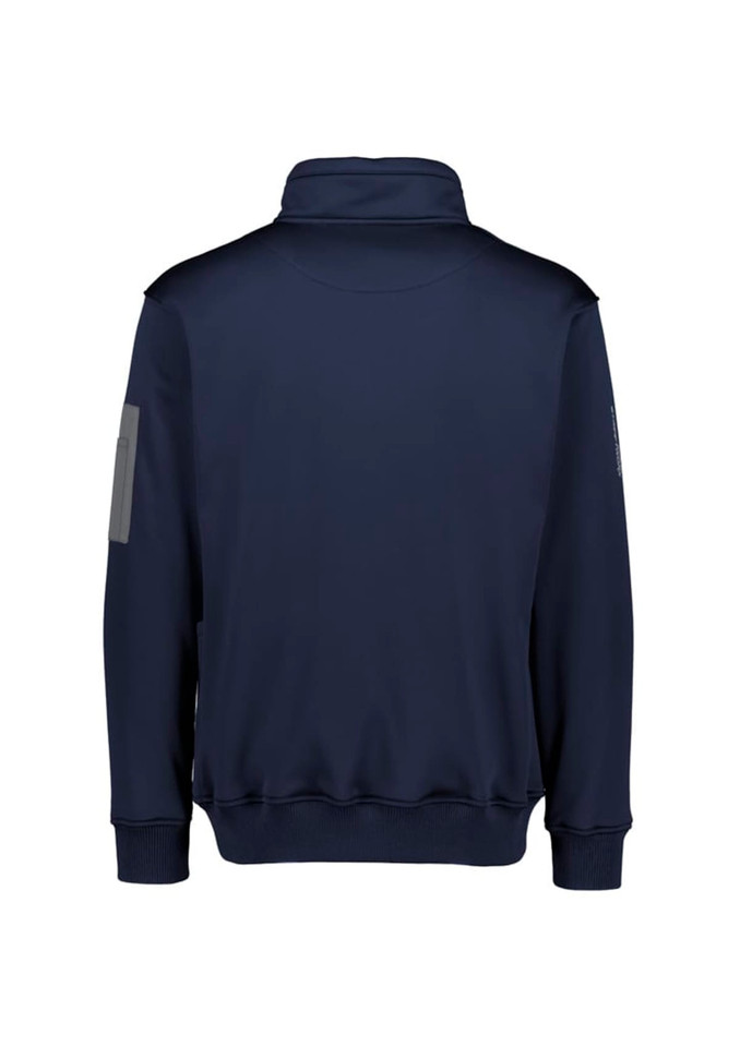 A navy unisex 1/4 zip pullover with a water-resistant fabric and shoulder patch. Features a logo.
