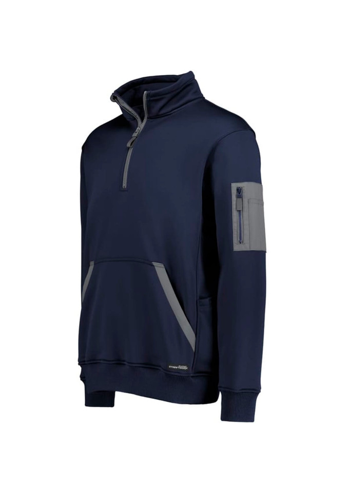 A navy unisex pullover with a quarter zip, featuring a zip pocket on the sleeve and a front kangaroo pocket.